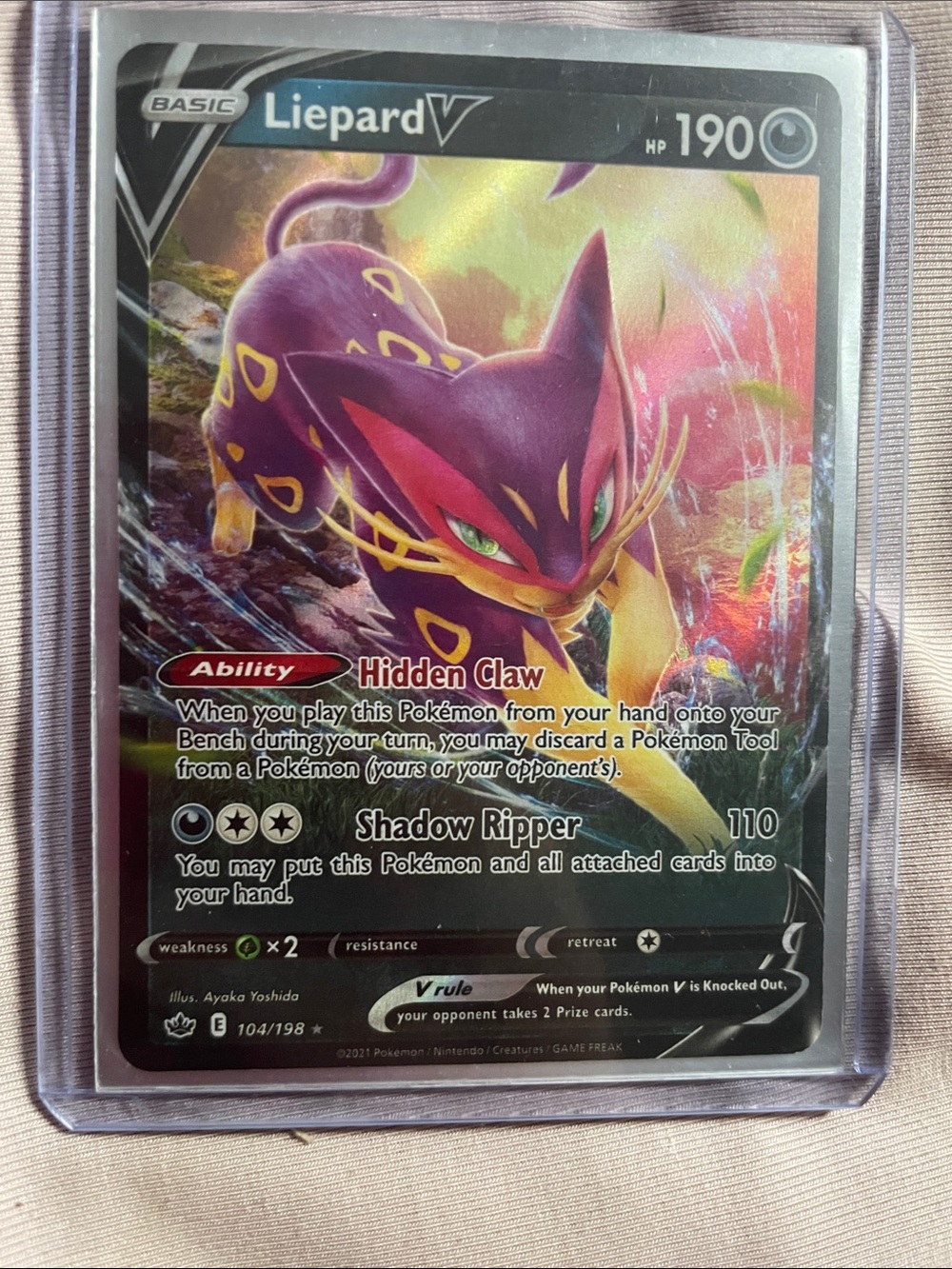 Pokemon Liepard V Holographic Card - Purple, Pink, Yellow, Green